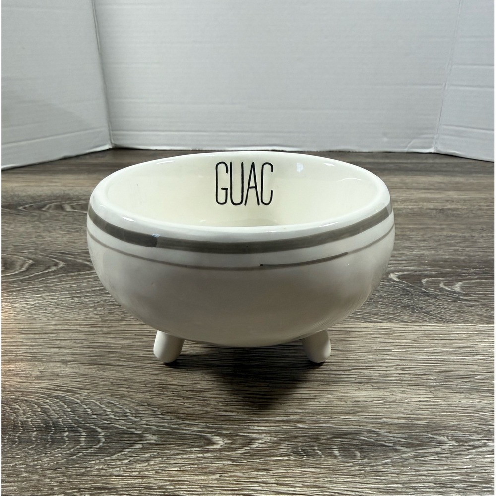Mud Pie Guac Footed Ceramic Bowl White Gray Stripe Stoneware Dip Server 5 Inch